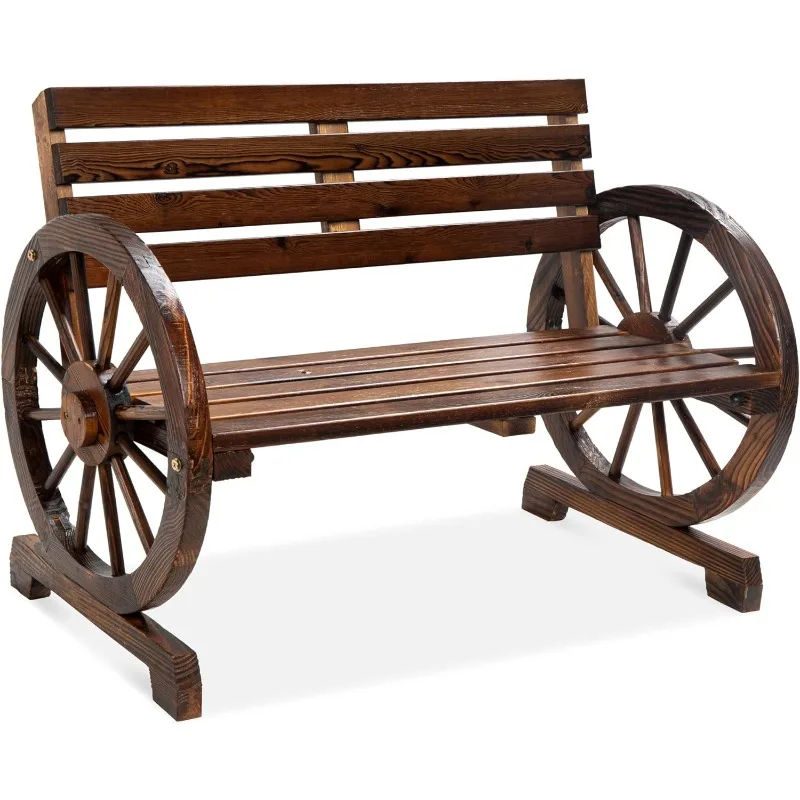 

2-Person Wooden Wagon Wheel Bench for Backyard, Patio, Porch, Garden, Outdoor Lounge Furniture w/Rustic Country Design