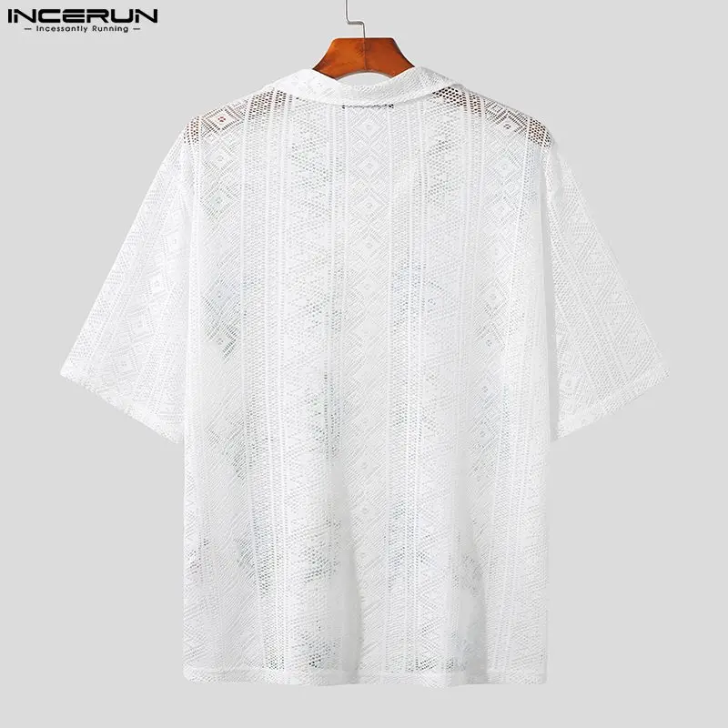 2023 Fashion Men Shirt Printing Mesh Hollow Out See Through Lapel Short Sleeve Men Clothing Streetwear Casual Camisas INCERUN