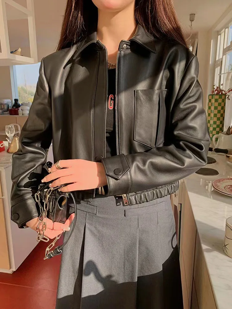 Spring New Women Sheepskin Genuine Leather Short Coat Turn-Down Collar Long Sleeve Zipper High Street Punk Motorcycle Jacket
