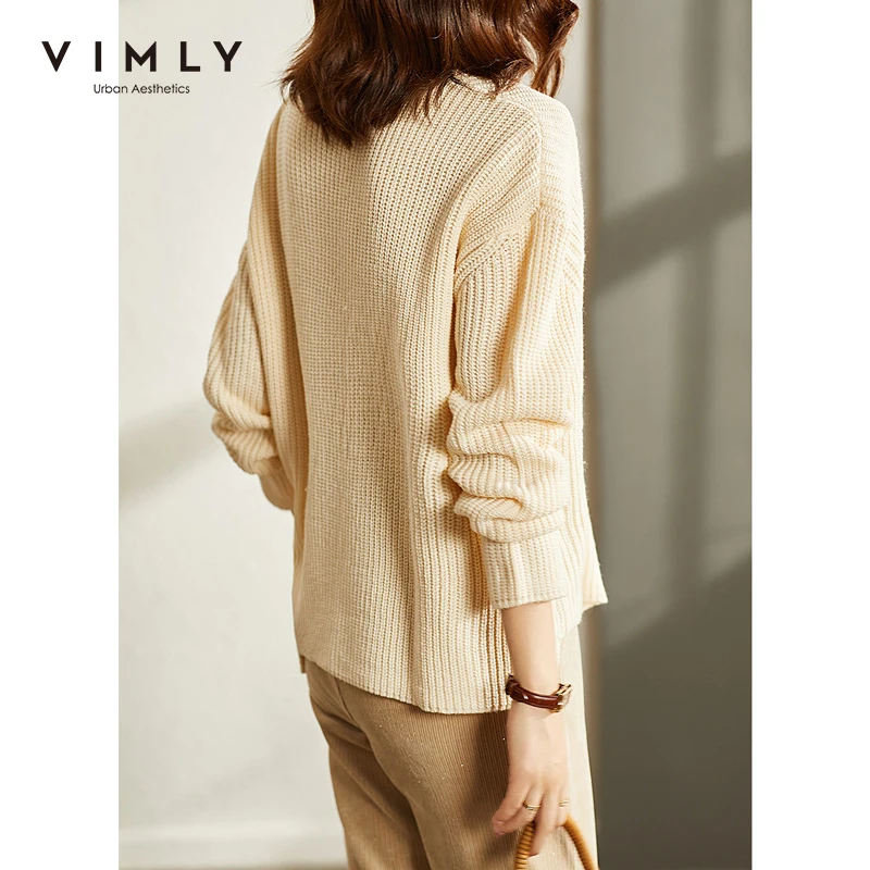 Vimly Winter Turtleneck Sweater for Women 2023 Asymmetrical Hem Pullover Knitwear Fashion Loose Long Sleeve Knit Tops Clothing