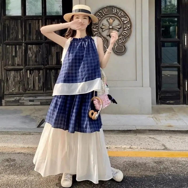 Women's Blue Plaid Two Piece Set Sleeveless Halter Top with Tulle Skirt Casual Loose Summer Outfit Beach Vacation Bohemian Suit view 4