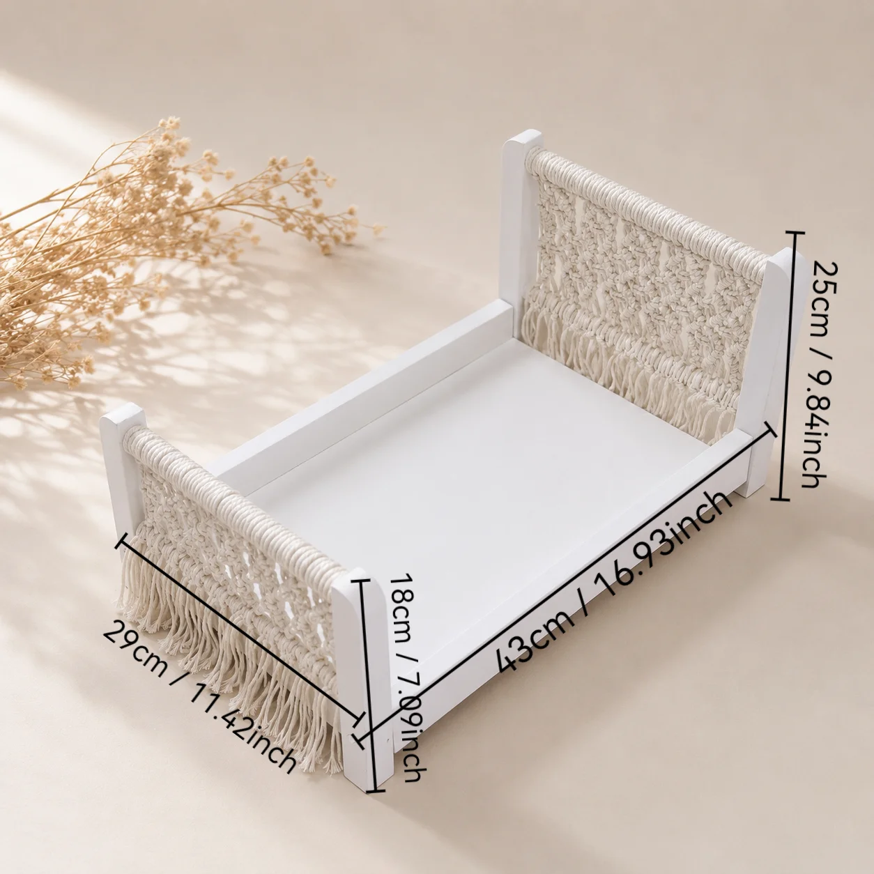 Newborn Photography Props Mini Wooden Bed, Baby Photo Shoot Furniture, Boho Rope Woven Detachable Bed for Studio Shooting