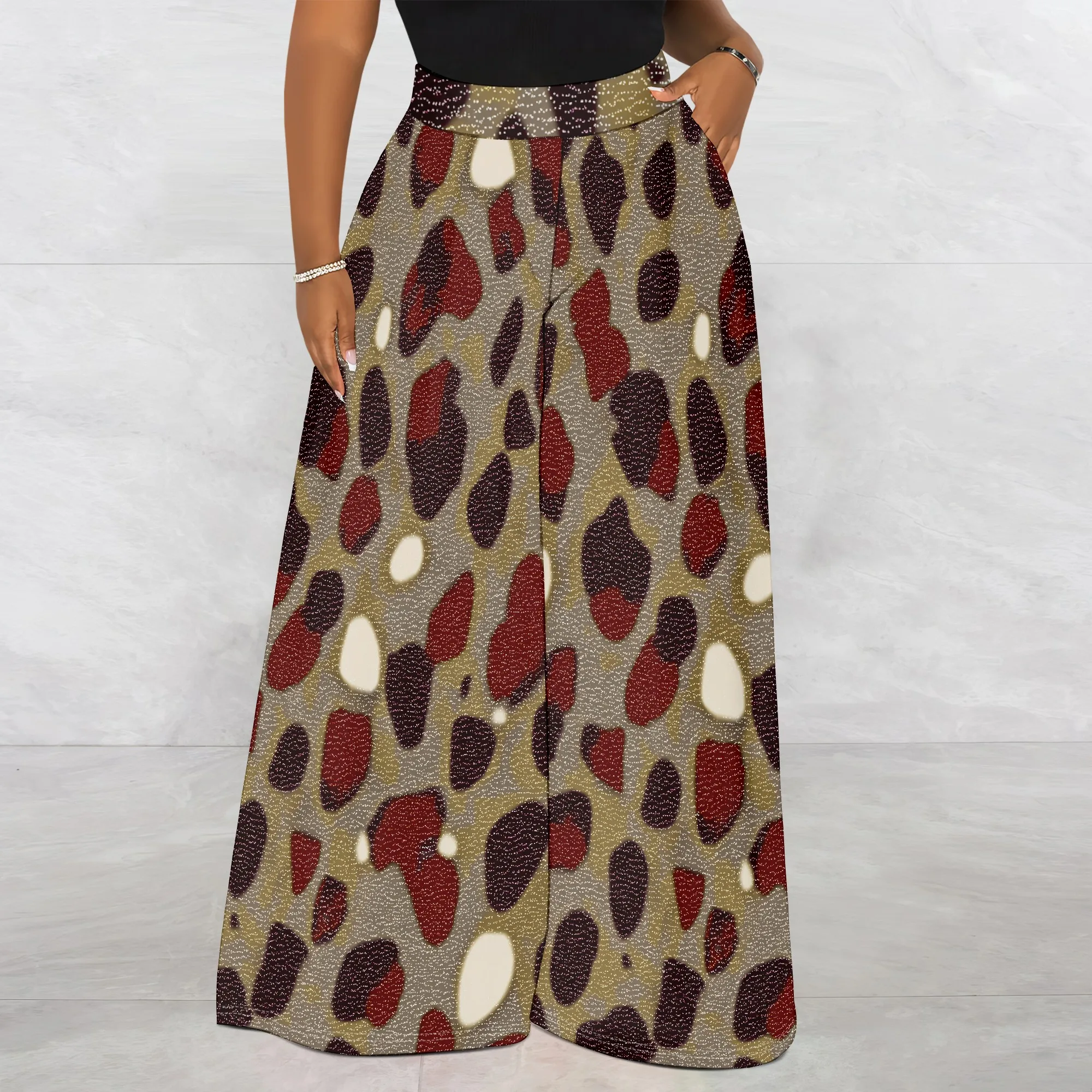 Leopard Print Wide Leg Pants, Red Spotted Trousers, High Waist Pocket Pants, Casual Streetwear for Women, S-3XL