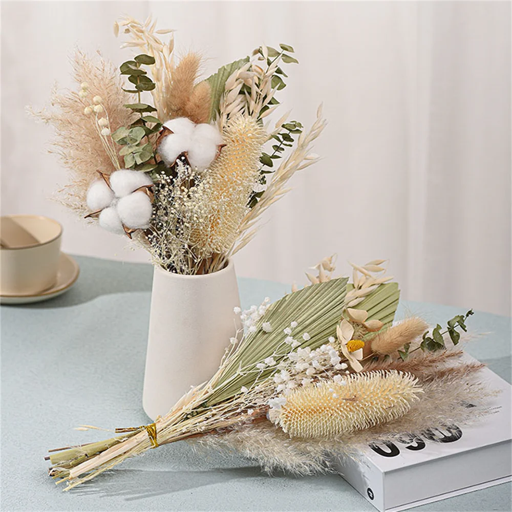 

Boho Wedding Home Arrangement Decor Mixed Dry Plant Gift Flower Bunch Preserved Rose Dried Palm leaf Pampas Grass Flower Bouquet