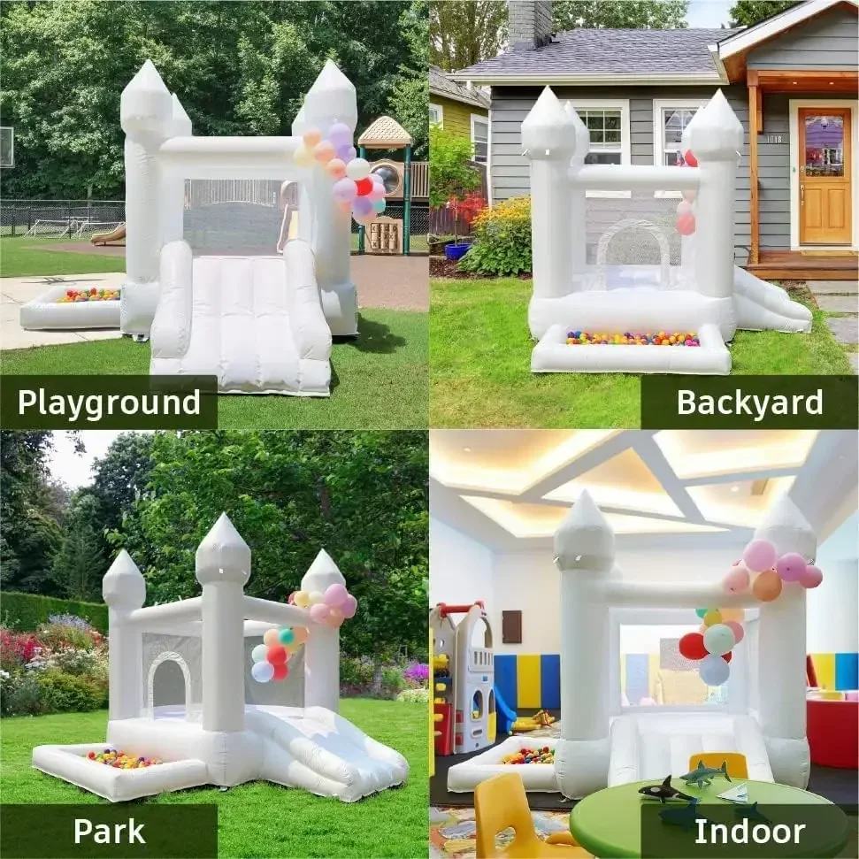 

White inflatable children castle with slide and ball pool trampoline with hair dryer wedding party decoration