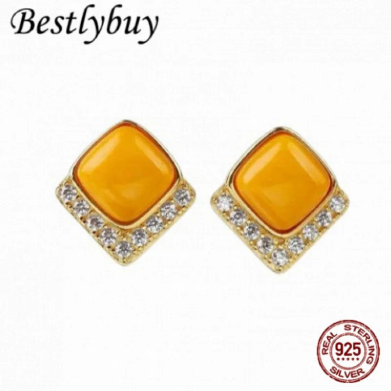 

NEW S925 Silver Fashionable Natural Beeswax Square Earrings For Women Simple And Atmospheric Yellow Gemstone Jewelry