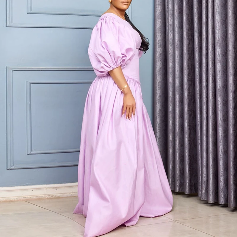 Puff Sleeves Design Hollow Out Women Prom Dress Fashion Autumn Banquet Dress Sexy Slanted Neck High Waist Solid Color Long Dress
