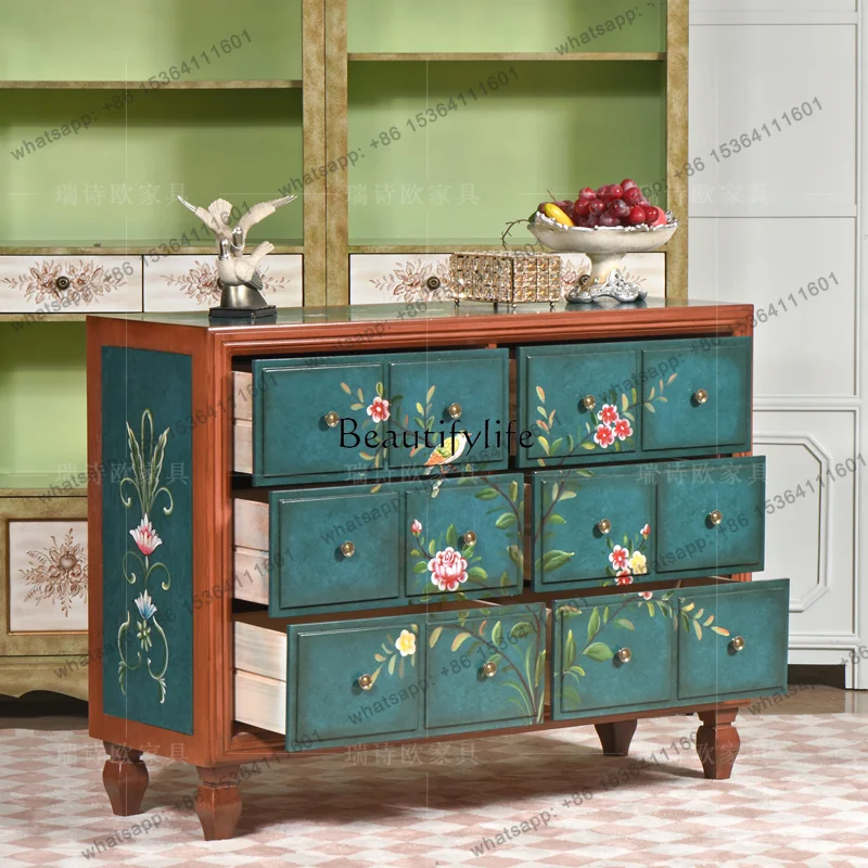 FG Best Seller American Country Solid Wood Six-chest Cabinet Living Room Retro Painted Entrance Cabinet Blue Storage Cabinet Bed