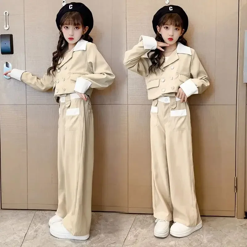 Girls Blazer Suit Set with Wide Leg Pants Trendy Preppy 2 Piece Outfit for Kids Spring Autumn School Style Kids Formal Clothing