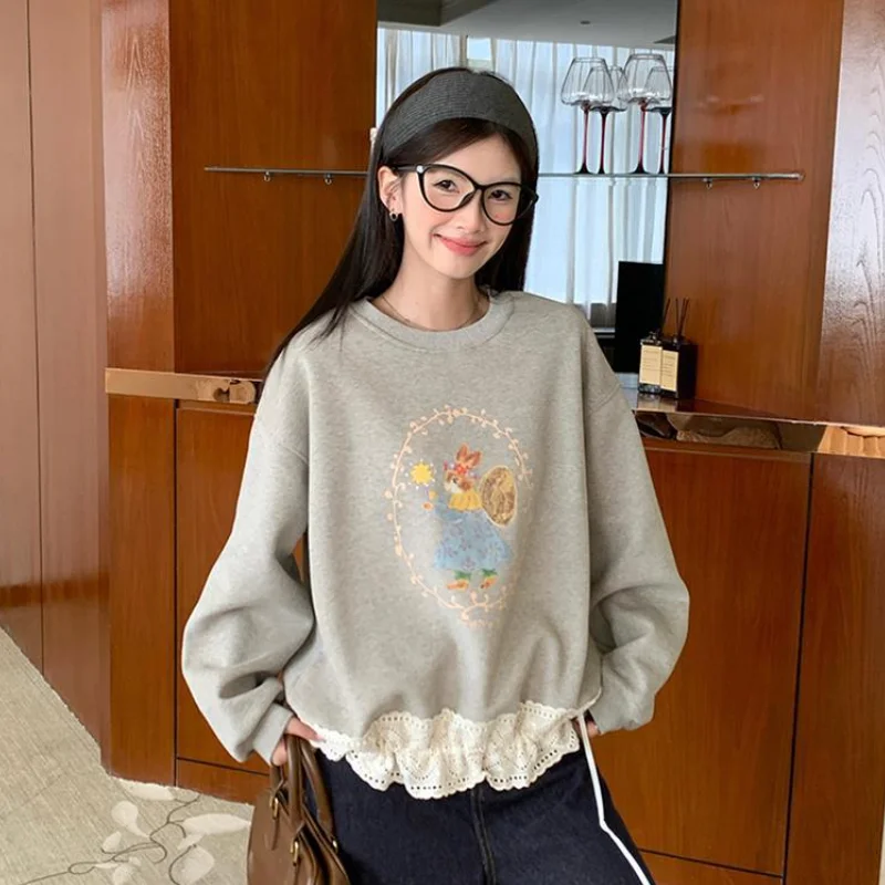 

Новая женская толстовка оверсайз в стиле Харадзюку с мультяшным кроликом, кружевными вставками и лоскутным дизайном, в корейском стиле, для ранней весны, повседневная, комплект из двух предметов