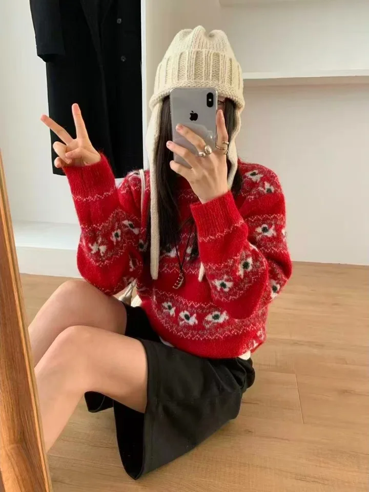 

Retro Korean Sle Cisas Red round Ne Pullover ort Knitted Sweater Women's Autumn Winter Small Size Fem Faion