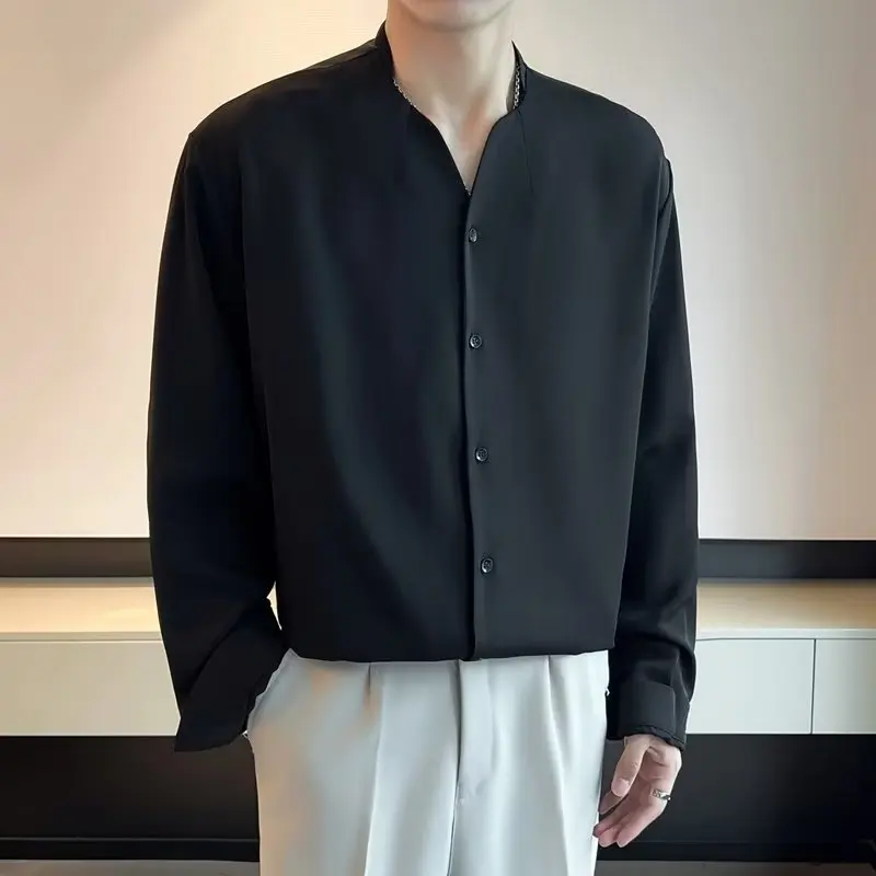 Spring and Summer Ascetic Solid Color V-neck Korean Shirt Men's Long Sleeves Loose Drapery Feel Handsome Internet Celebrity Hits