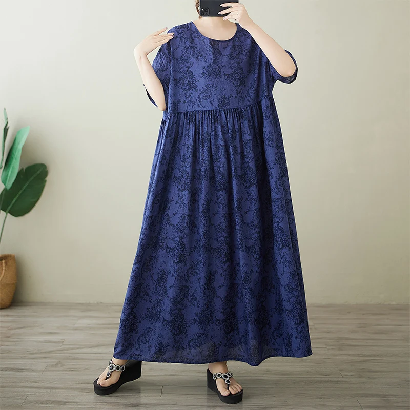 

Большие размеры Simple Faion Long Dr Summer New Sle ort Sve round Ne Print Dr Хлопково-льняная смесь Удобная посадка