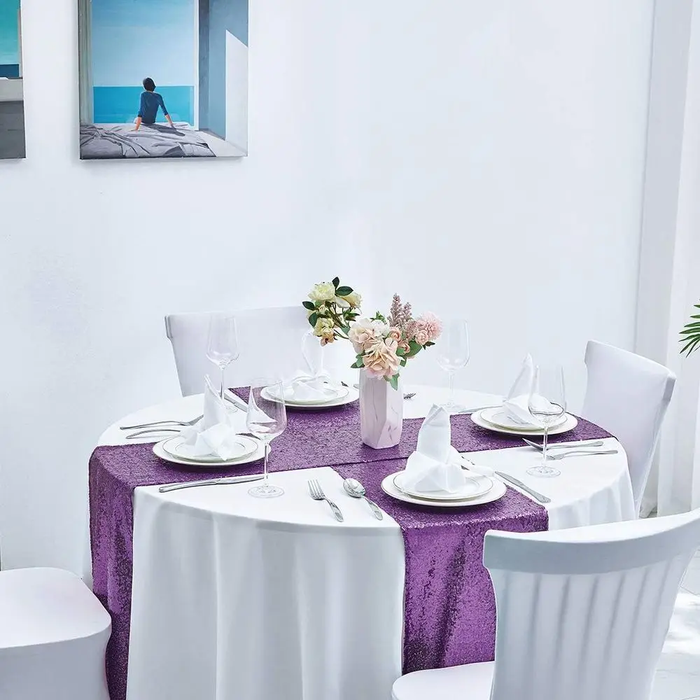 مفارش طاولة بالترتر الأرجواني، مجموعة من 10 قطع، 12 قدم × 108 بوصة، مثالية لحفلات الزفاف وأعياد الميلاد والحفلات والاستحمام