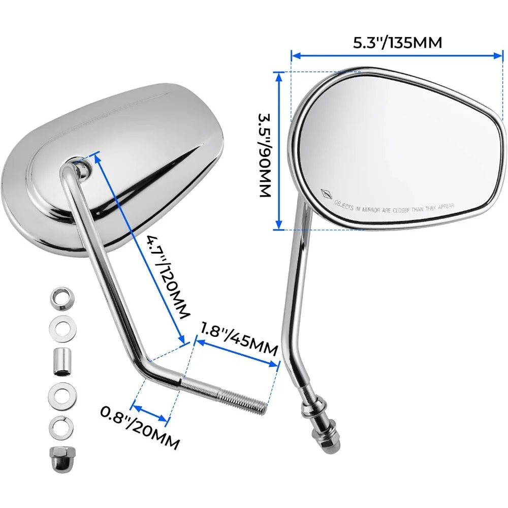 M8 Motorcycle Rearview Side Mirrors 360° Degree Adjustable Chrome Long Stem for Harley Sportster Touring Dyna Softail