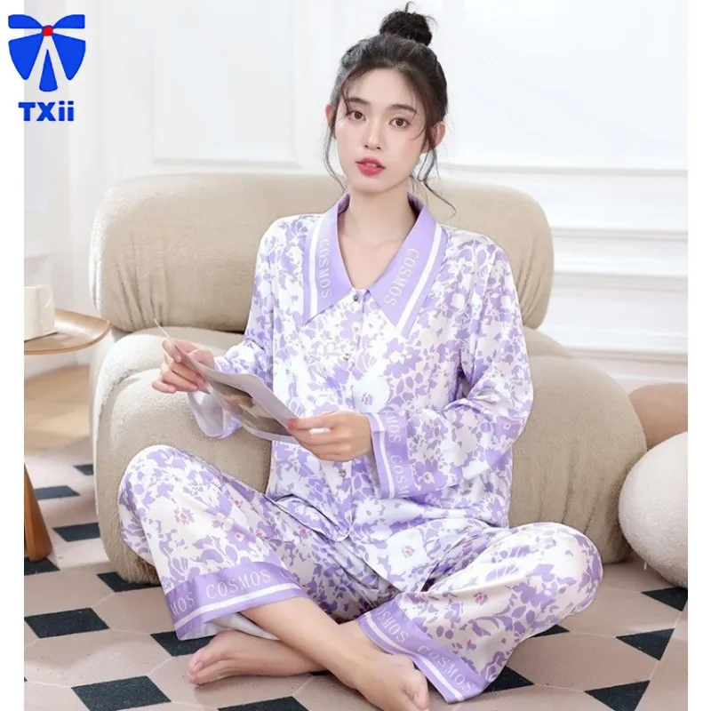 Purple Floral Fashion Style Comfortable Autumn New Pajamas Women's Ice Silk Cool  Leisure Home Clothes