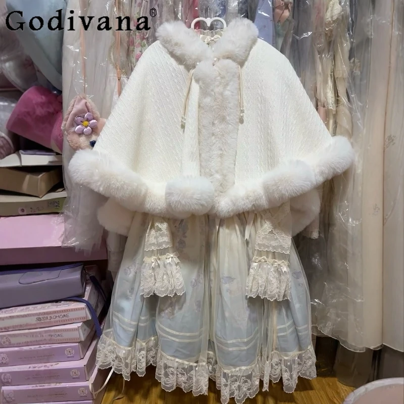 

Зимний плюшевый теплый плащ с капюшоном 2021, японский стиль, милое белое короткое пальто в стиле каваи в стиле Лолиты для девочек, женские накидки, пончо Y2k