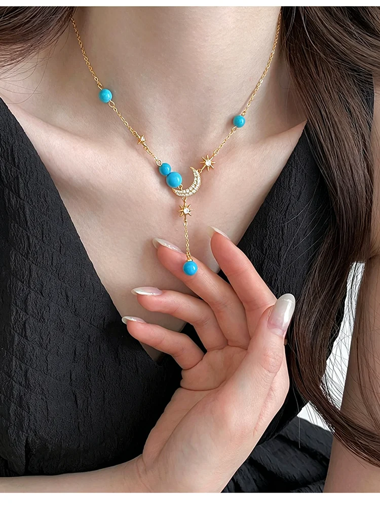 Goldfarbene Y-förmige Stern-Mond-Anhänger-Halskette für Damen mit Perlen, Zirkonia, Halbmond-Choker, elegante, zarte, verstellbare Kette, Schmuckgeschenk – Detail 10