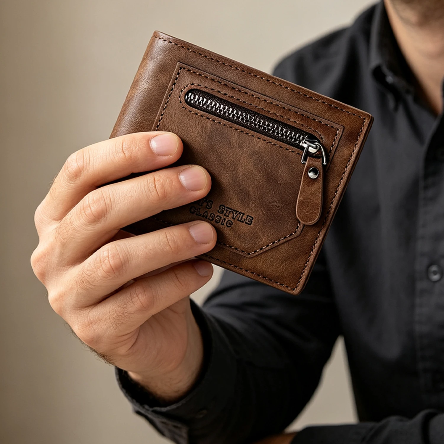 Men's PU Leather Short Wallet, Vintage Bifold Wallet with Front Zipper Coin Pocket, ID Window, 6 Card Slots, Large Capacity