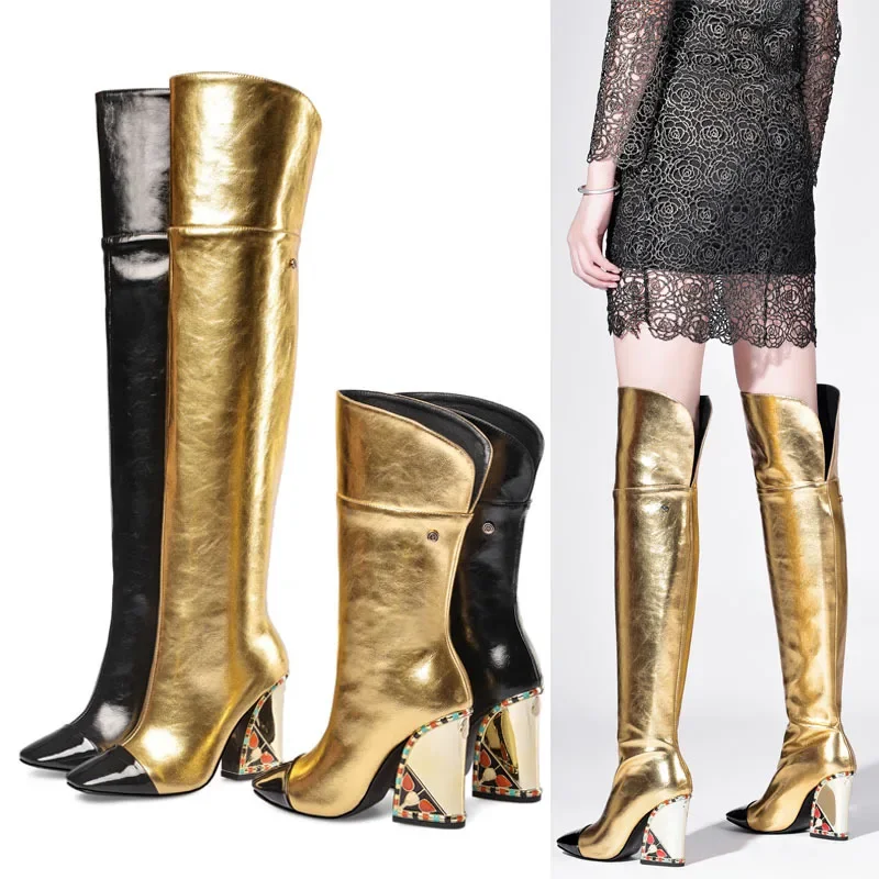 Colored Rhinestone Cowhide Mid Tube/knee Length Boots Thick Heeled Square Toe Black Gold Runway Runway Performance High Heels