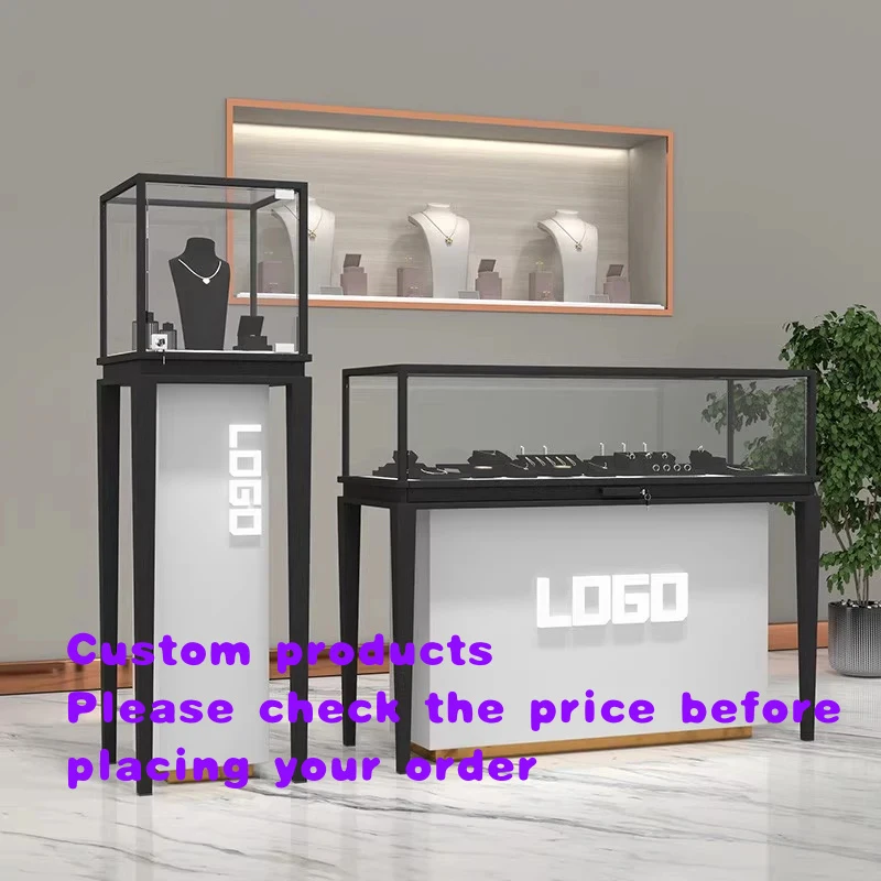 custom.Customizable Modern Rectangular MDF Jewelry Display Cabinet LED Glass Counter Silver Showcase Retail Mall JINX