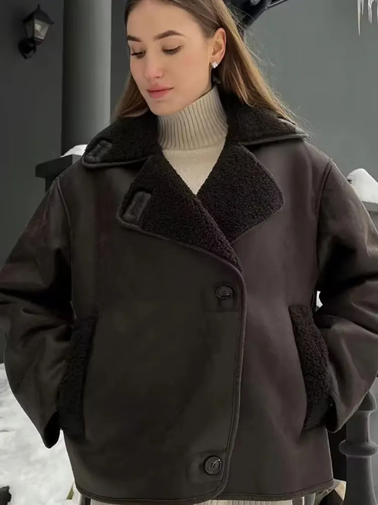 HH المرأة سميكة الدافئة أبلى فو سترات من الجلد الخريف الشتاء خمر طويلة الأكمام التلبيب معاطف سيدة الموضة الشارع الشهير