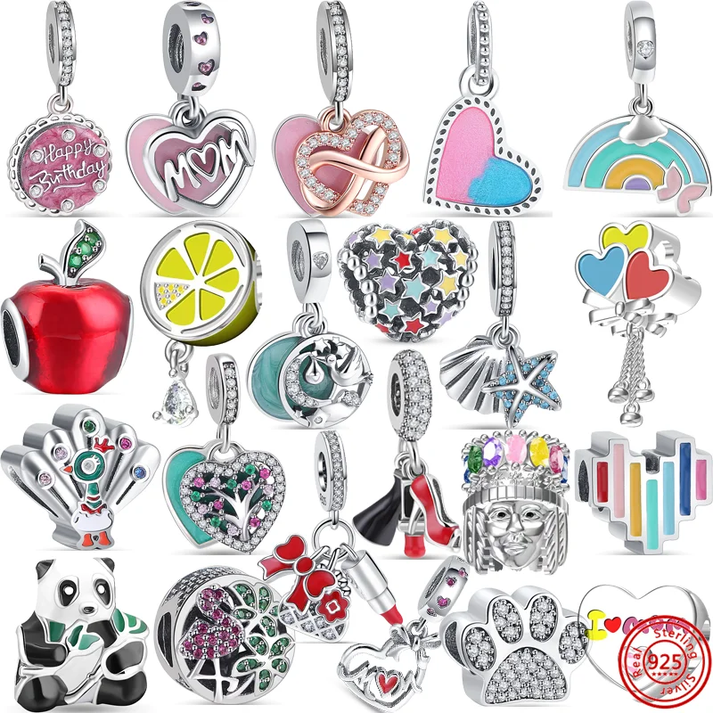 

925 Silver Apple Lemon Tree Bird Lipstick Handbag Heels Rainbow Heart Beads Fit Original Pandora Charm Bracelet DIY Fine Jewelry