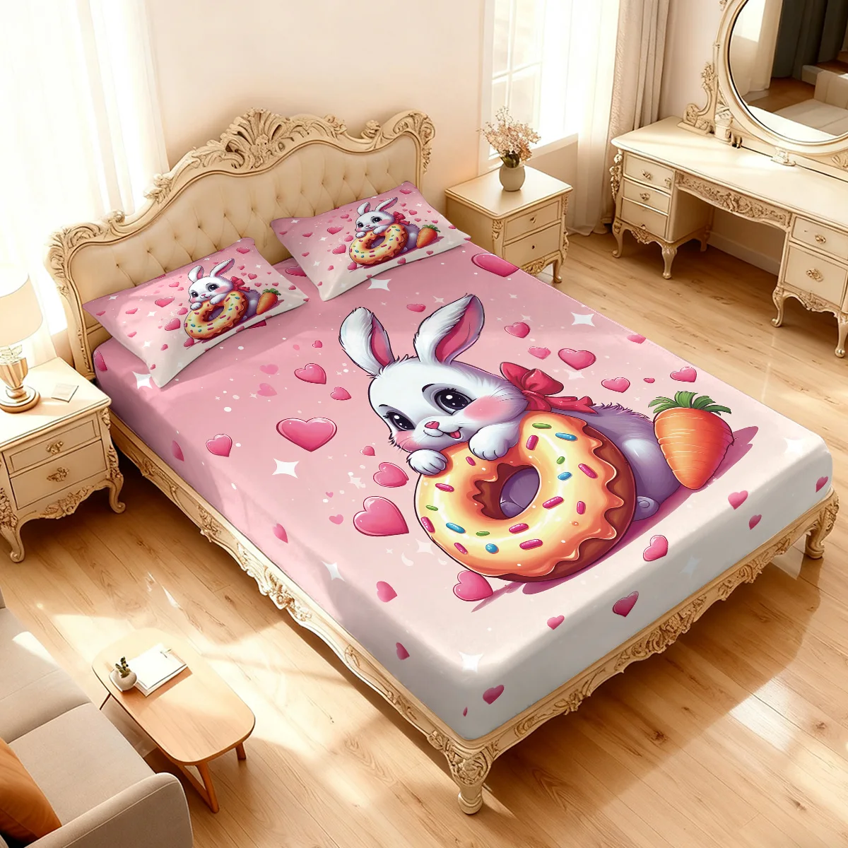 3 قطع من ملاءات السرير بدون شرائح مطبوعة على شكل أرنب لطيف، متعددة الحجم، غطاء سرير ناعم لغرفة النوم، قابل للغسل في الغسالة