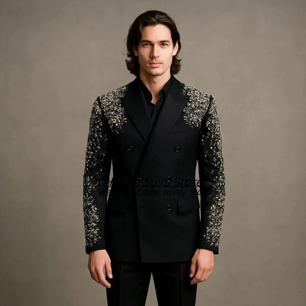 

Luxuly Black Prom Men Suits Customized Slim Fit Gorgeous Diamonds Groom Wedding Tuxedos 2 Pcs Sets Male Prom Blazers Ropa Hombre