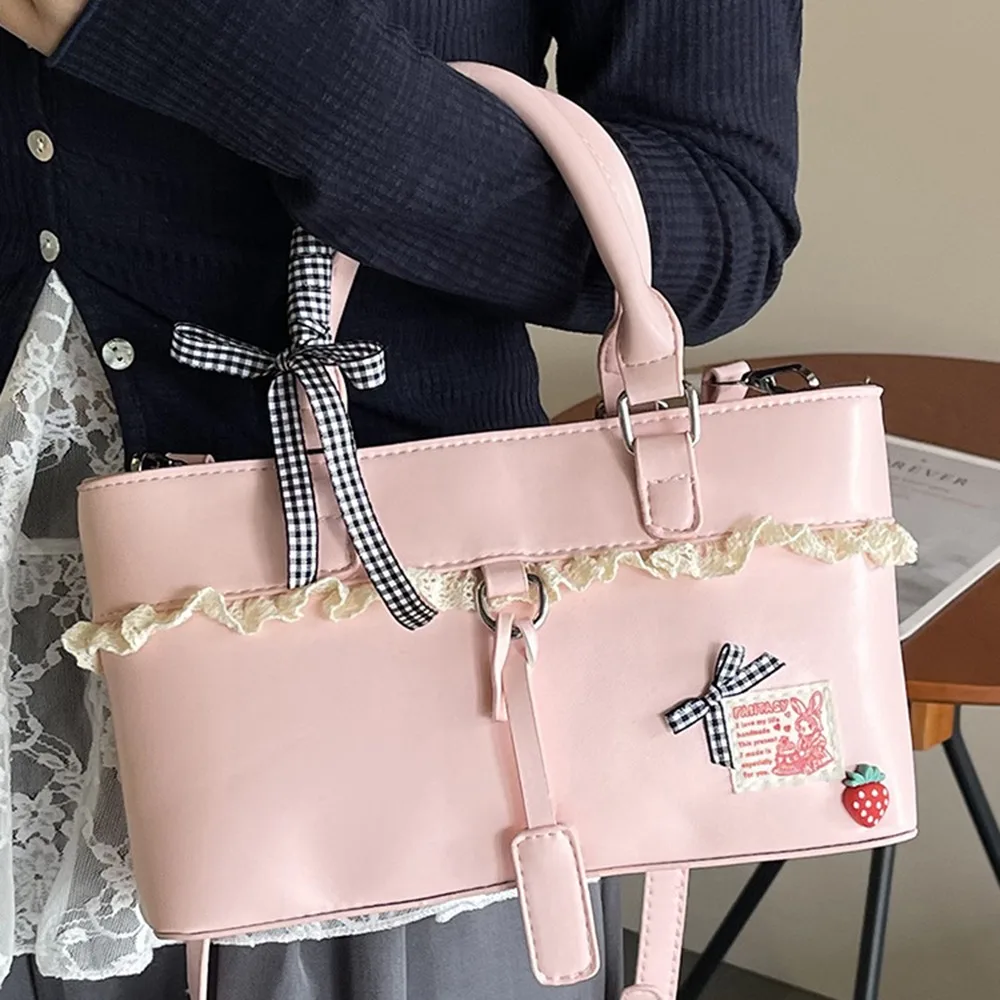 

Stylish Soft Woman Shoulder Bag Sweet Bow Bandage Crossbody Bucket Bag Lace Design Commuting Handbag Travel
