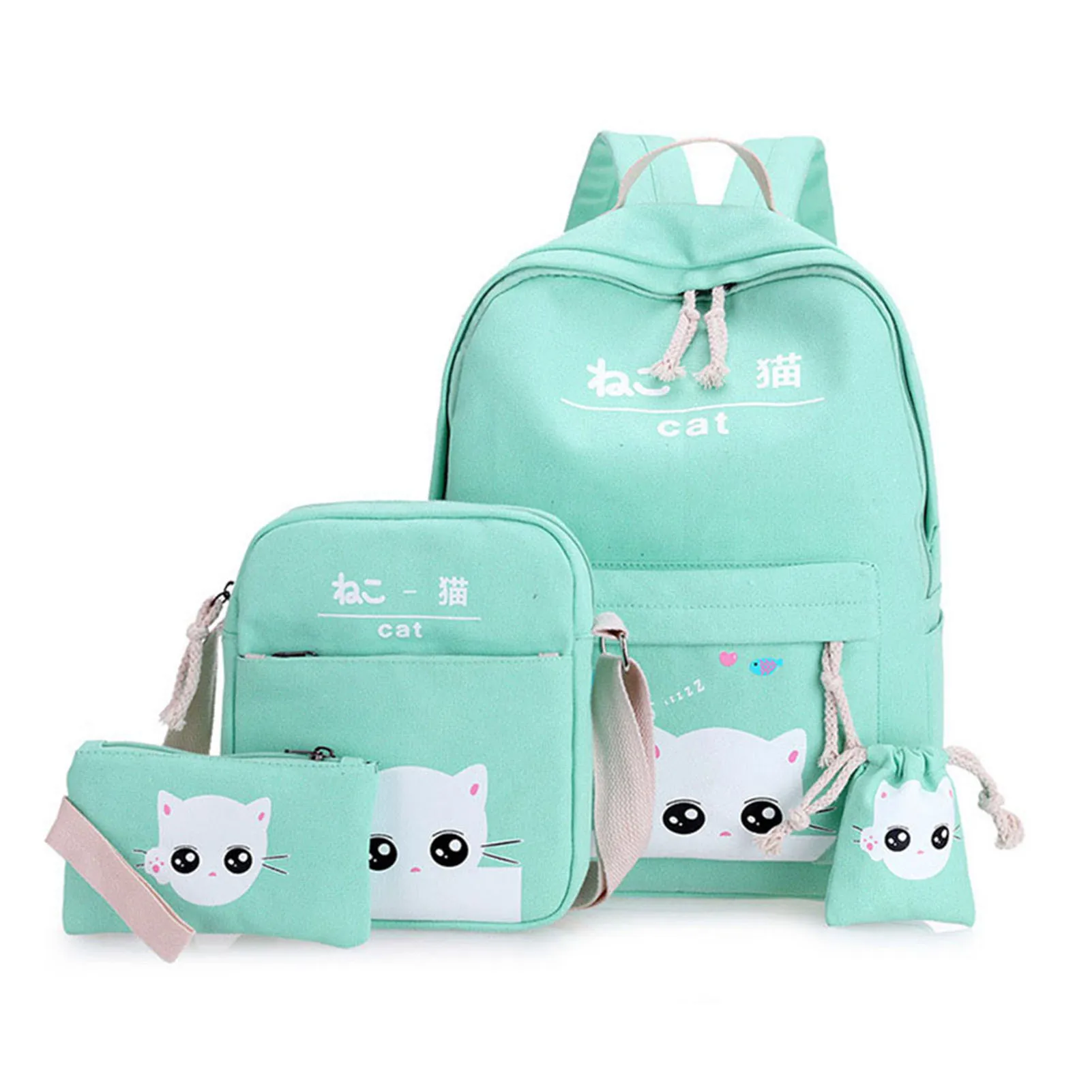 

4Pcs Cartoon Cat Bag Set 5 Colors Cute Design Student School Bag Set Gift for Girlfriend Female Friends DIN889