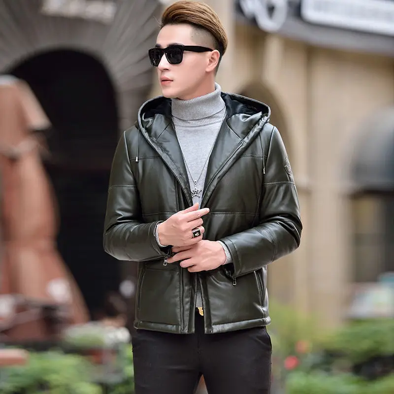 New Winter Shiny Leather Men's Thick Warm Winter Jacket Casual Parka Waterproof Down Coats Hooded Jacket Streetwear C65