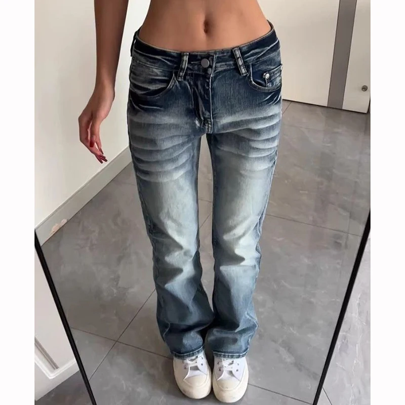 Women Retro Designer Straight Leg Flared Jeans Girls High Waist Blue Denim Pants Lady Korean Casual Fashion Solid Trousers