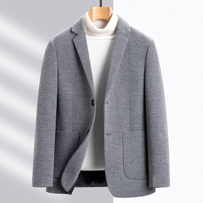 2024 Spring Men Blazer Gray Beige Elegant Sheep Wool Suit Jacket Male Basic Simple Style Garment Smart Casual Attire OOTD Look