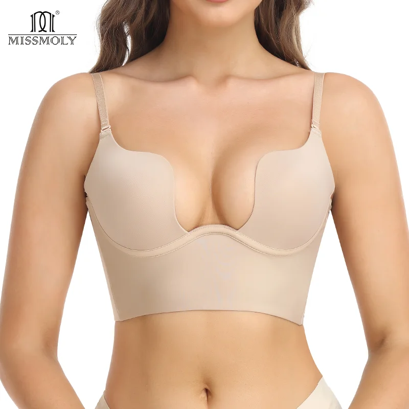 Modelador do corpo com decote em v profundo para mulheres, shapewear sem encosto, tanga de U mergulho, cintura trainer, alça clara, espartilho push