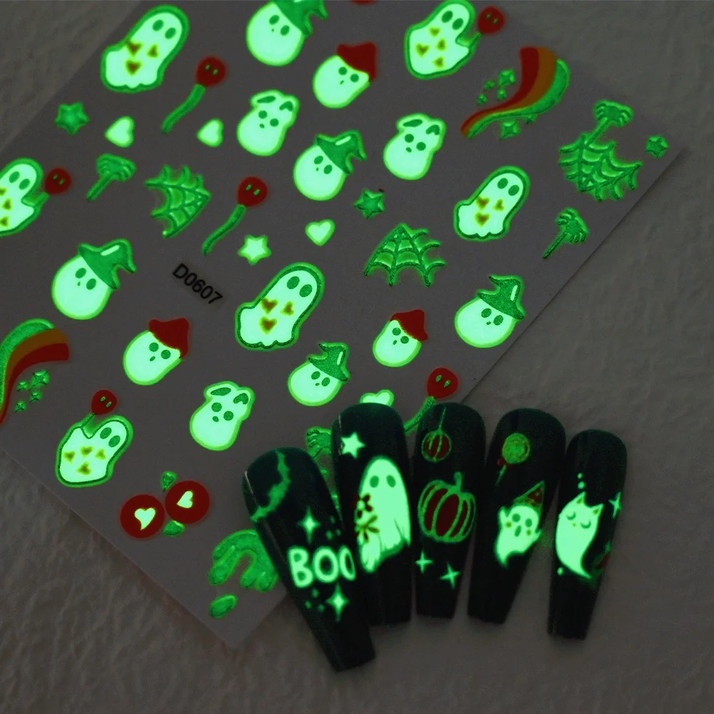 1 pçs 3d bonito brilho no escuro fantasma adesivos de unhas para halloween slime abóbora aranha web luminosa auto adesivo decalques suprimentos para unhas