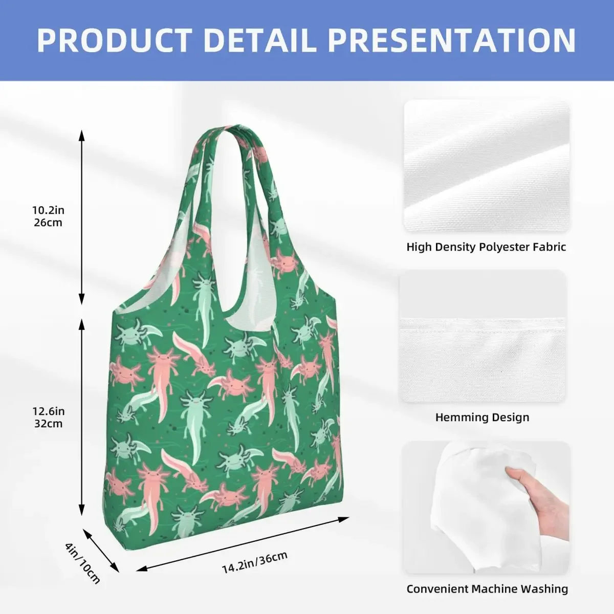Holly Galvan Axolotl Pattern Grocery Shopping Tote Bag Salamander Animal Canvas Shoulder Shopper Bags Large Capacity Handbags image 4