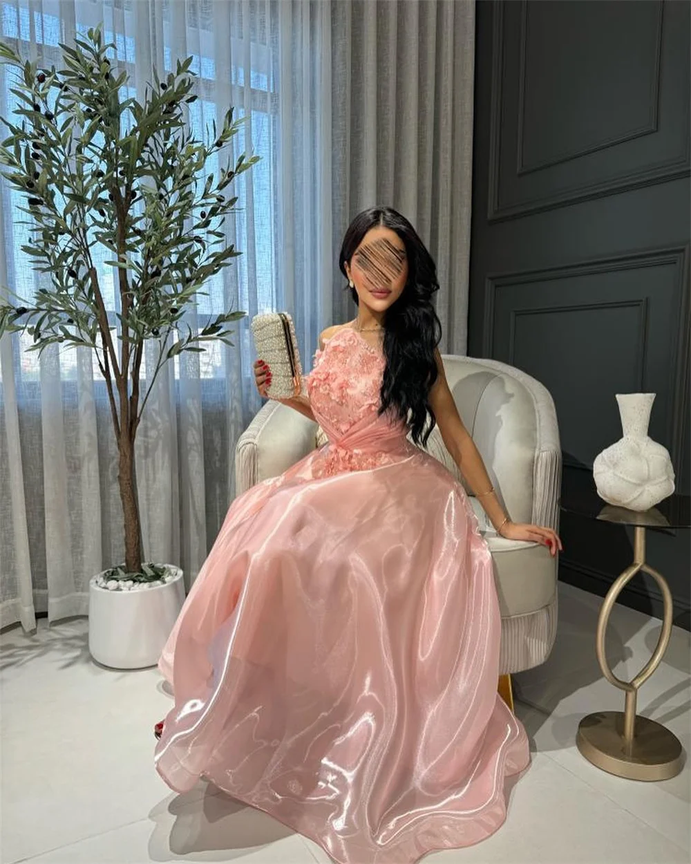 Mila Pink 3D Flowers Appliques Prom Dresses Strapless Organza Customized Evening Dresses Ankle-Length vestidos de fiesta 2025