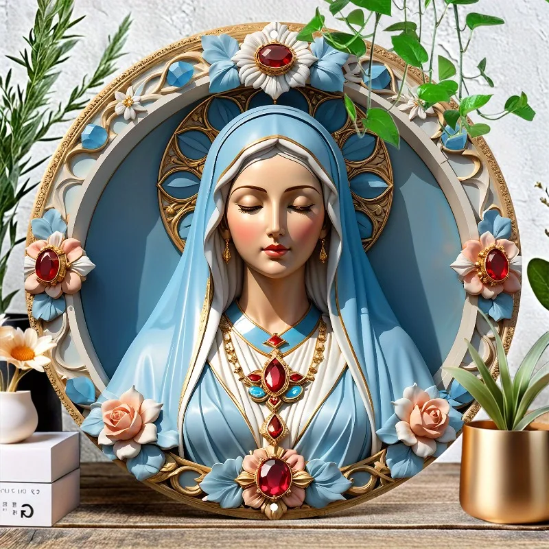 

Virgin Mary Rose Wreath Aluminum Sign, UV-Printed Round Metal Wall Art for Home & Office Decor, Faith-Inspired Seasonal Gift