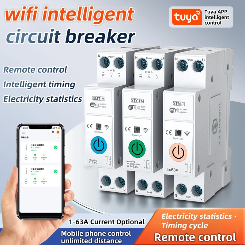 Tuya Wifi Smart Circuit Breaker Power Metering Din Rail Remote Control Smart Home Kwh Metering Monitoring Timer Relay Smart Life