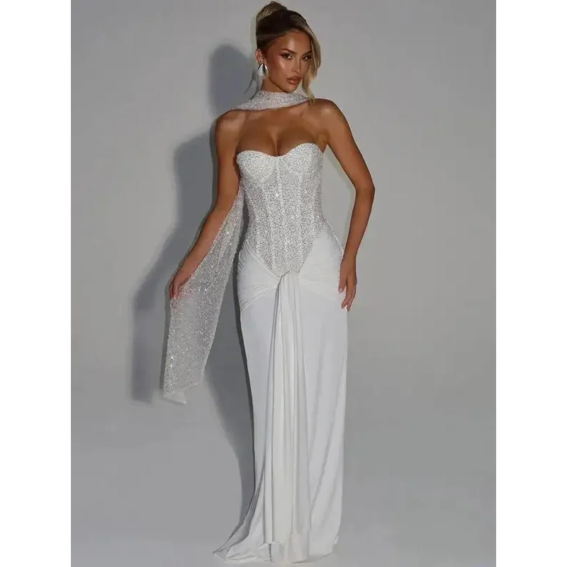 Brilho fora do ombro sexy maxi vestido feminino elegante glitter sem alças sem costas sem mangas drapeado ruched clube vestido de festa