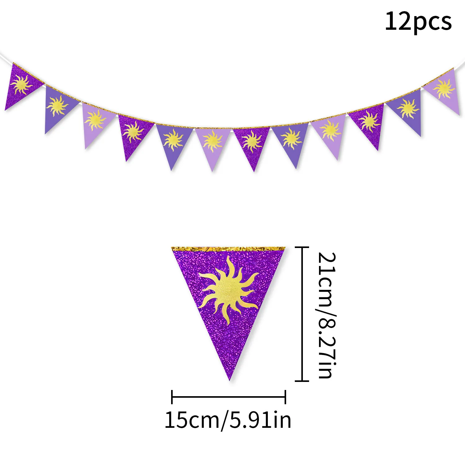 Lila Sonnen-Wimpelkette mit Goldsonnen, Hängende Papier-Dreiecksfahnen für Geburtstag, Brautparty, Hochzeit und Bache-Dekorationen – Detail 7