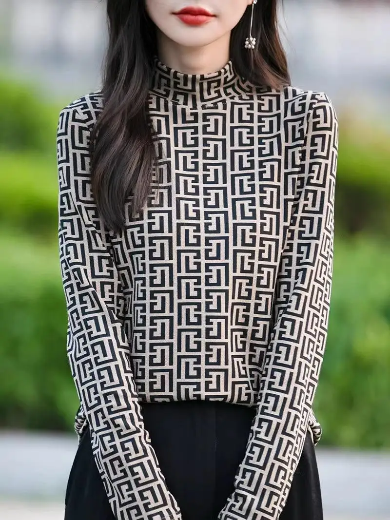 Double-Sided Velvet Print fling High Ne Long Sve Women's Base irt Warm Thermal Inner Wear Top for Autumn Winter