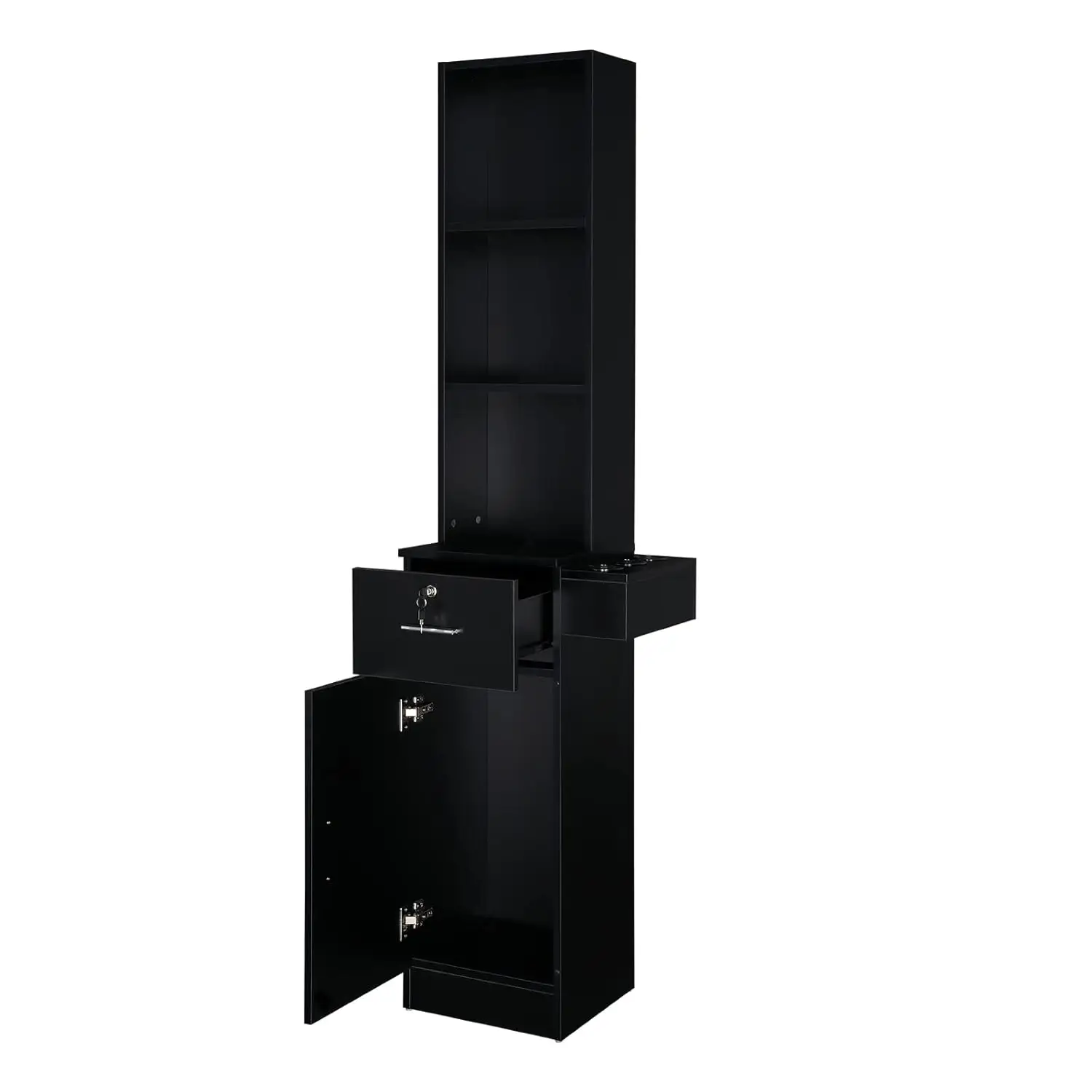 Barber Salon Equipment with a 3-Tier Storage Shelf, 1 Drawer, a Large Storage Cabinet and 3 Hair Dryer Holders, Black