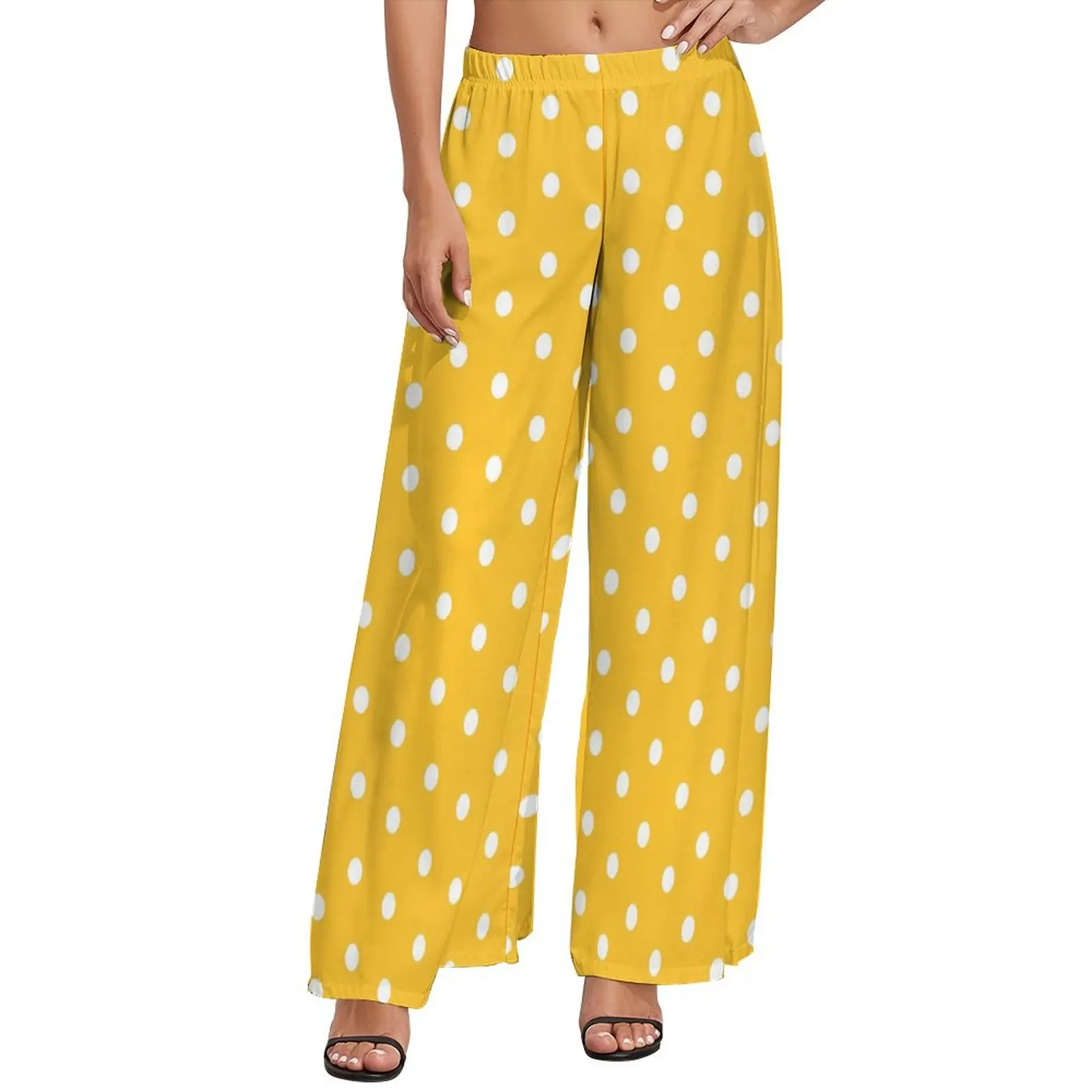 

Polka Dots Pants High Waisted White And Yellow Office Trousers Street Fashion Custom Wide Pants