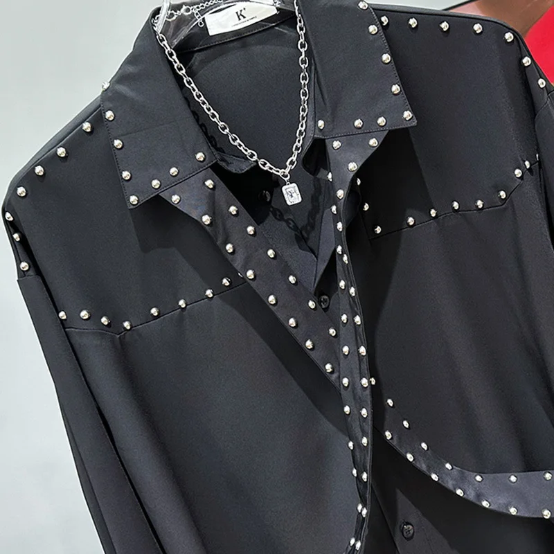 PFHQ Loose Trendy Metal Nail Decoration Niche Shirt New Casual Versatile 2024 Solid Color Long Sleeve Male Tops Fashion 21Z5420