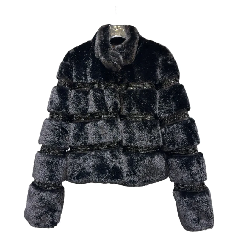 صديقة للبيئة الماس الربط القطن الفراء معطف المرأة Faionable مستقيم قطع طويلة Sve الوقوف طوق لون نقي الشتاء خارج... #5