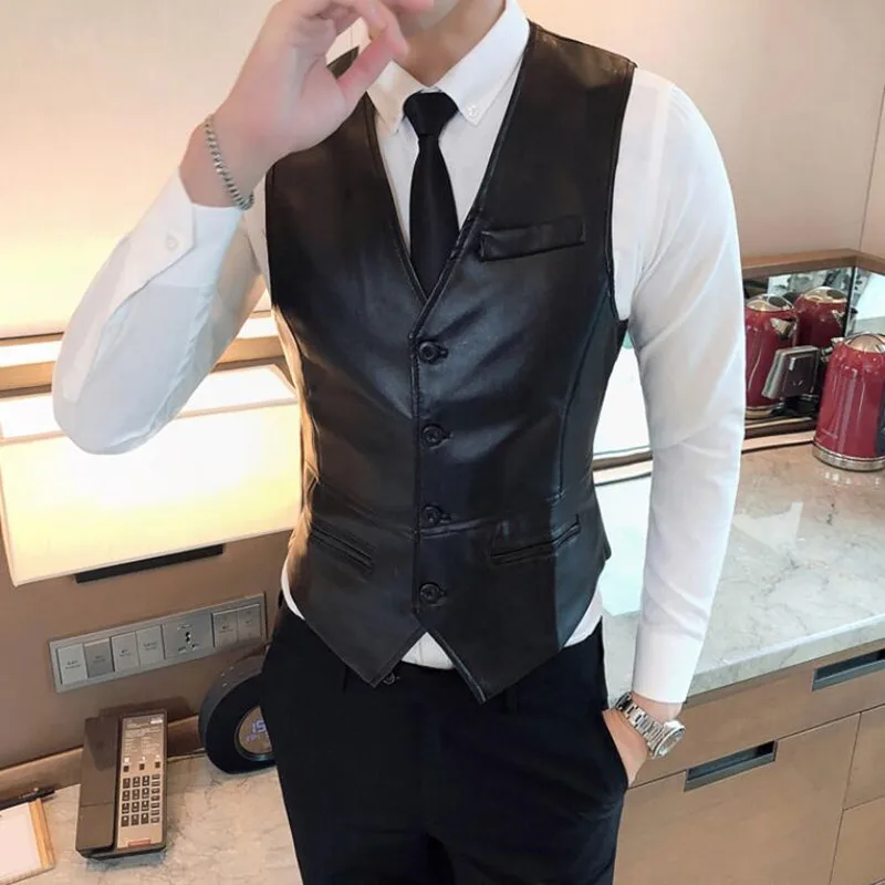 2022 Leather Vest Men New Fashion Casual High Quality Solid Color Single Breasted Slim Large Size Business Vest Waistcoat S-5XL