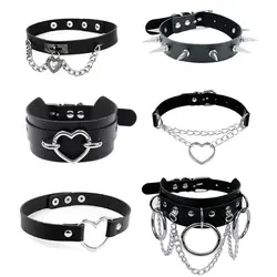 1PC Punk Rock Gothic PU Leather Necklace Heart Round Spike Rivet Collar Studded Choker Chain Necklace Handmade Jewelry