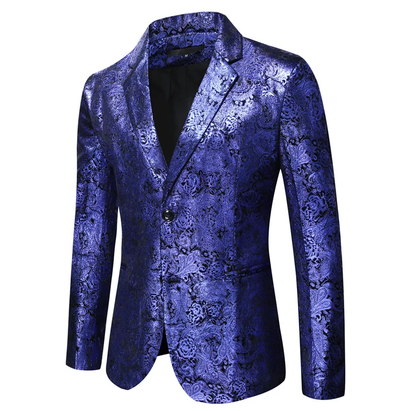 

Mens Blue Paisley Tuxedo Blazer Jacket Single Breasted Prom Dinner Suit Blazer Men Party Wedding Stage Singers Costume Homme XXL